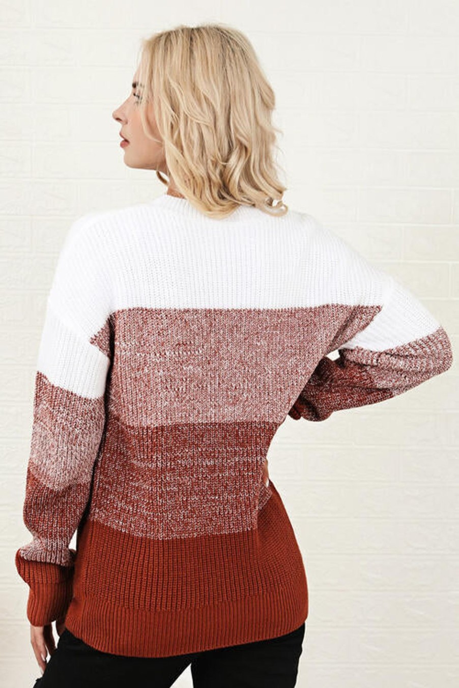 Clothing Trendsi | Color Block Round Neck Long Sleeve Sweater Brick Red