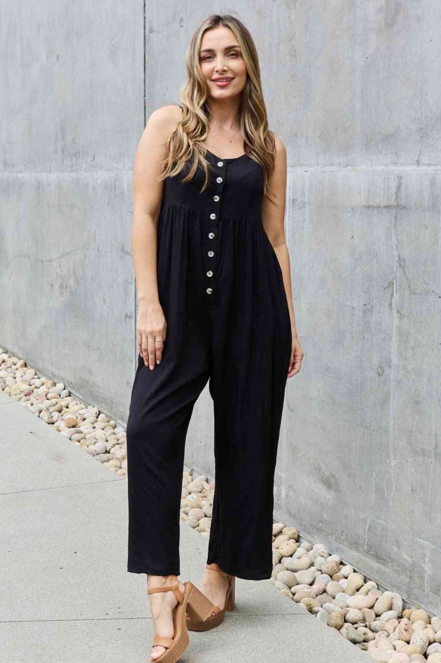 Clothing Trendsi | Heyson All Day Full Size Wide Leg Button Down Jumpsuit In Black