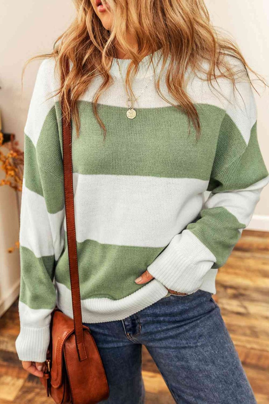 Clothing Trendsi | Color Block Round Neck Drop Shoulder Sweater Gum Leaf