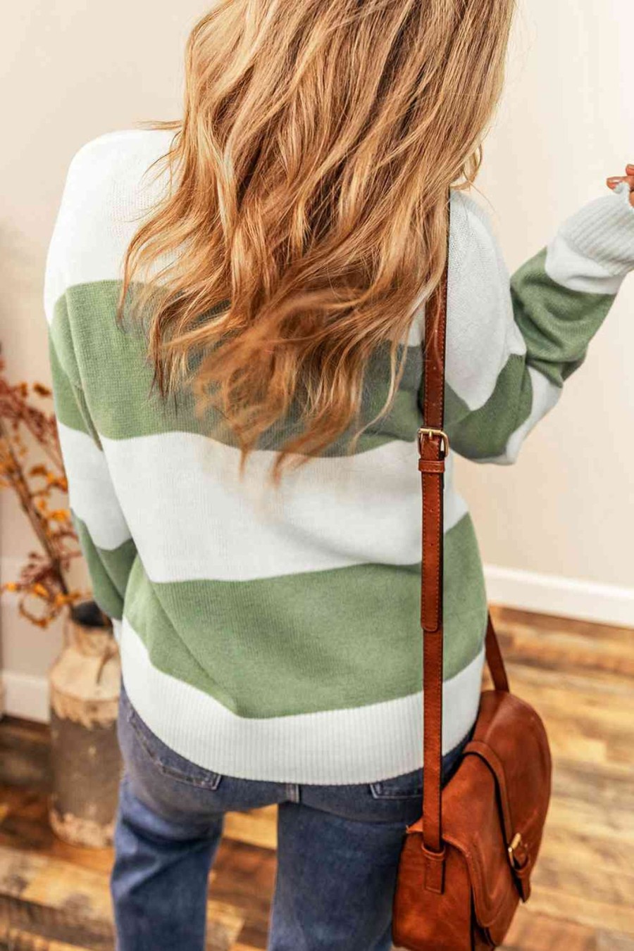 Clothing Trendsi | Color Block Round Neck Drop Shoulder Sweater Gum Leaf