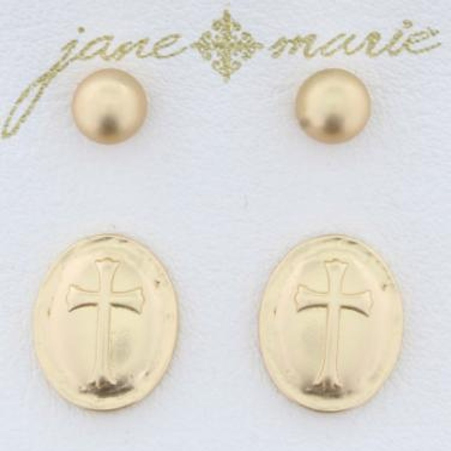 Clothing Jane Marie | Jm Gold Ball&Cross Oval Earring Set