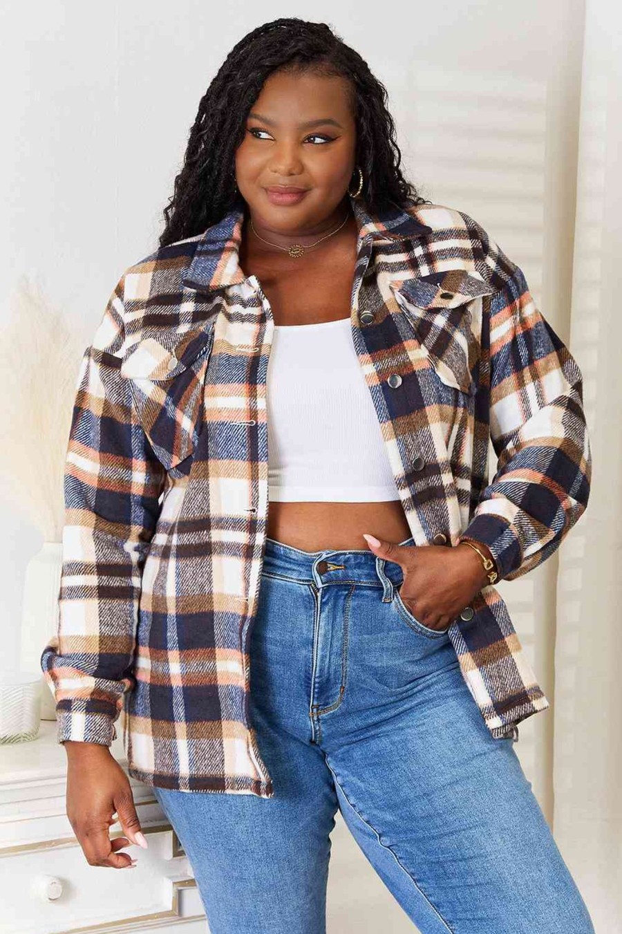 Clothing Trendsi | Double Take Plaid Button Front Shirt Jacket With Breast Pockets Navy