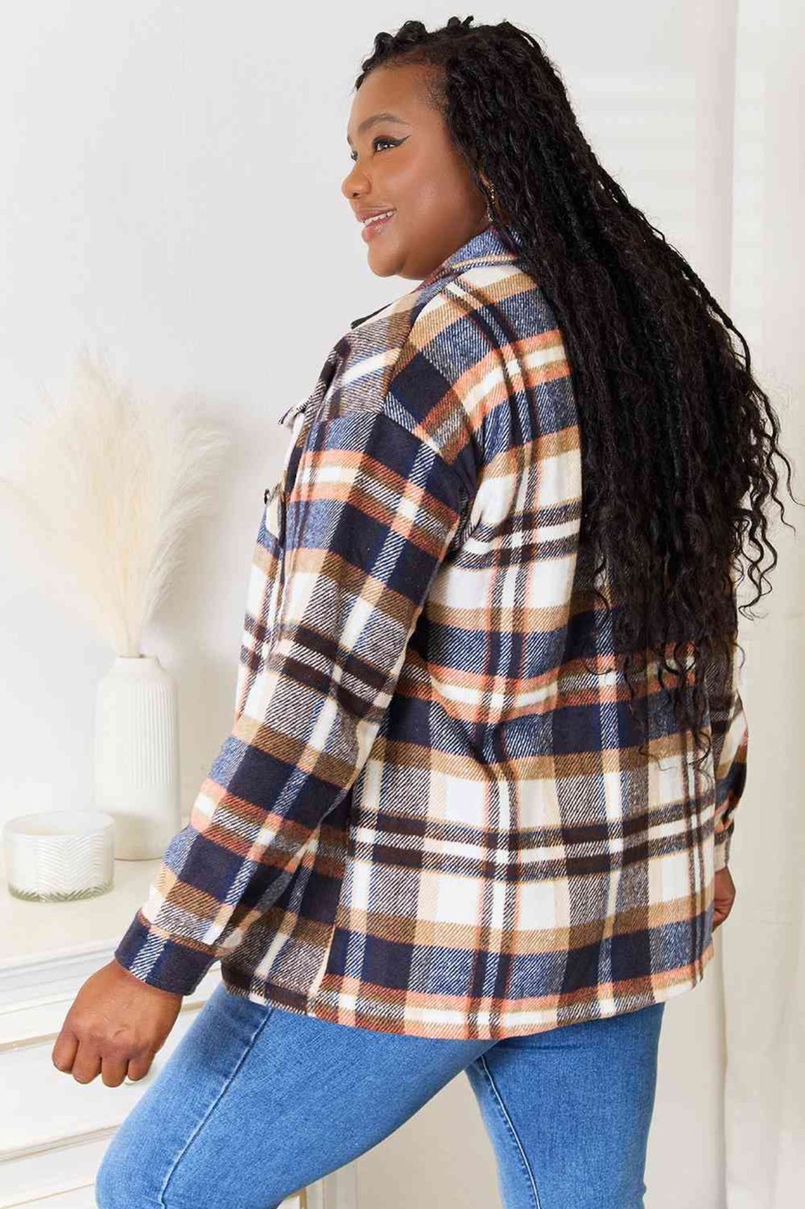 Clothing Trendsi | Double Take Plaid Button Front Shirt Jacket With Breast Pockets Navy