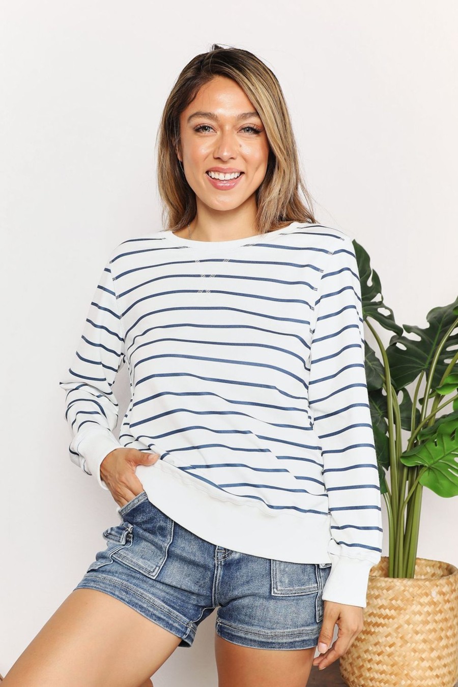 Clothing Trendsi Sweaters And Hoodies | Double Take D Long Sleeve Round Neck Top Stripe