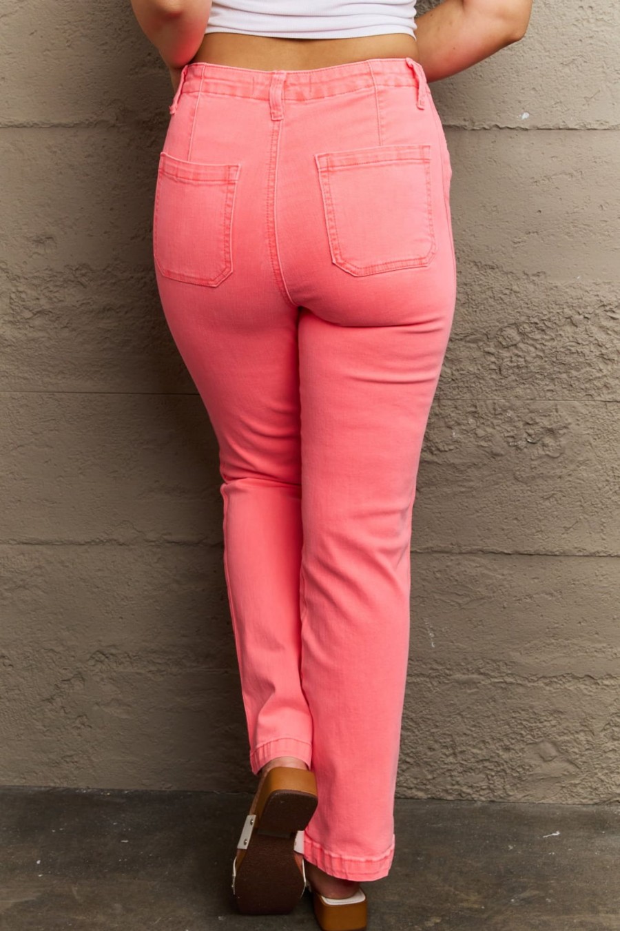 Clothing Trendsi | Risen Kenya Full Size High Waist Side Twill Straight Jeans Coral