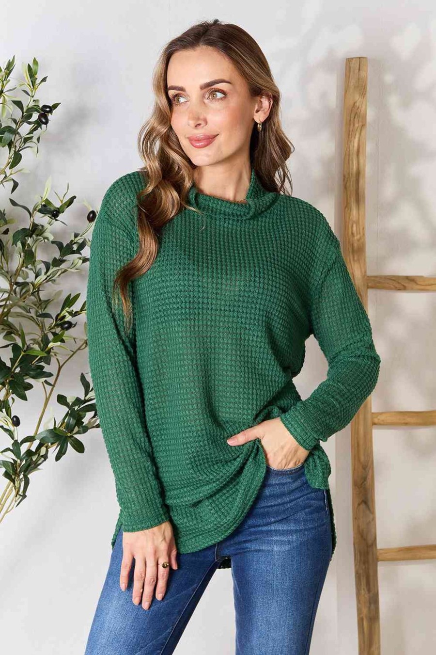 Clothing Trendsi | Culture Code Full Size Dropped Shoulder Long Sleeve Slit Blouse Hunter Green