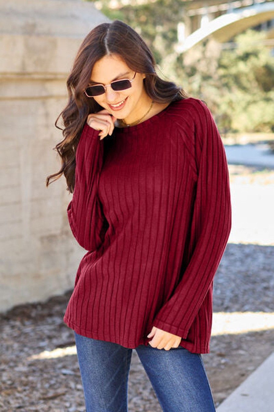 Clothing Trendsi | Basic Bae Full Size Ribbed Round Neck Long Sleeve Knit Top