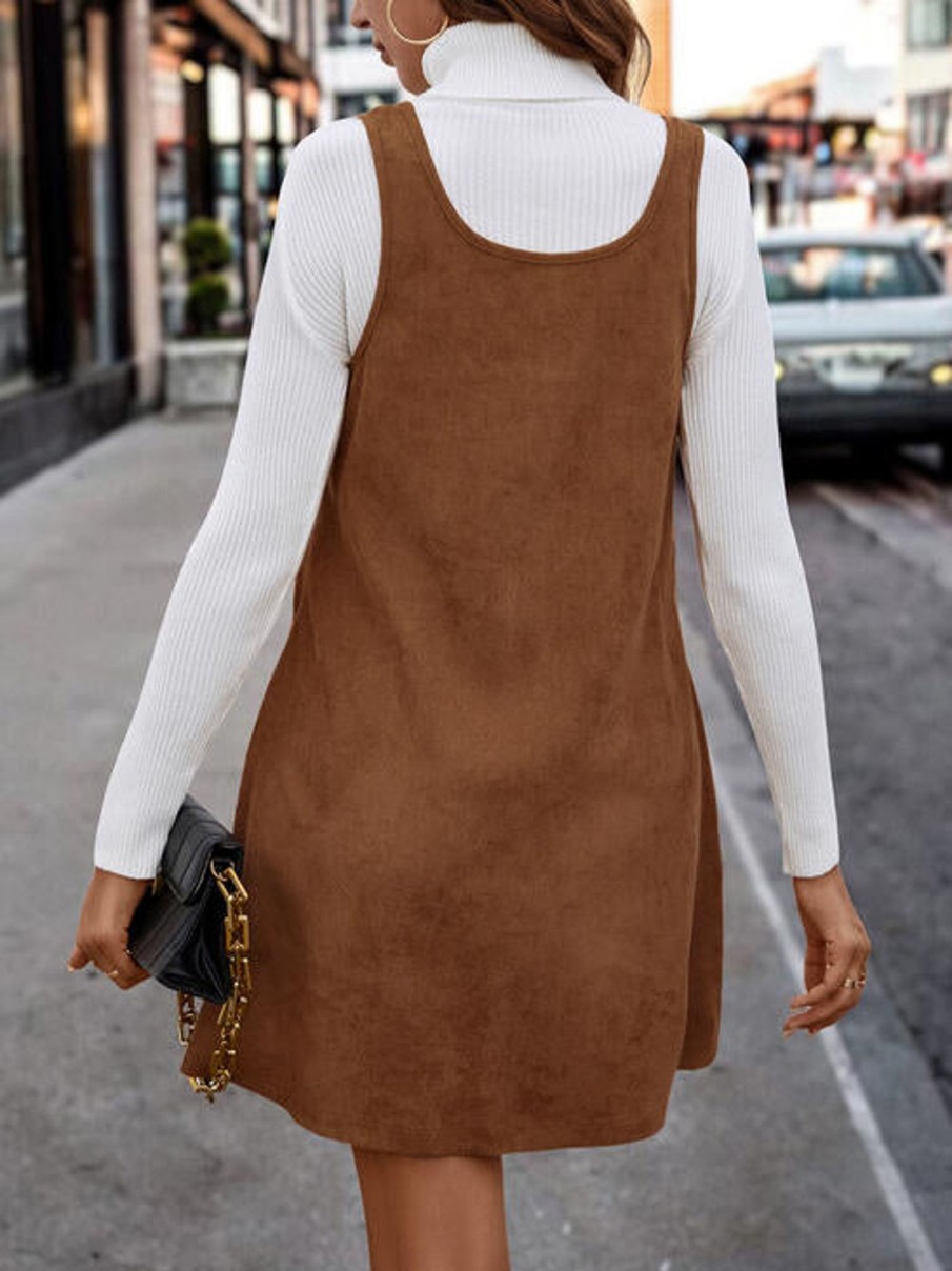 Clothing Trendsi | V-Neck Buttoned Tank Dress Chocolate