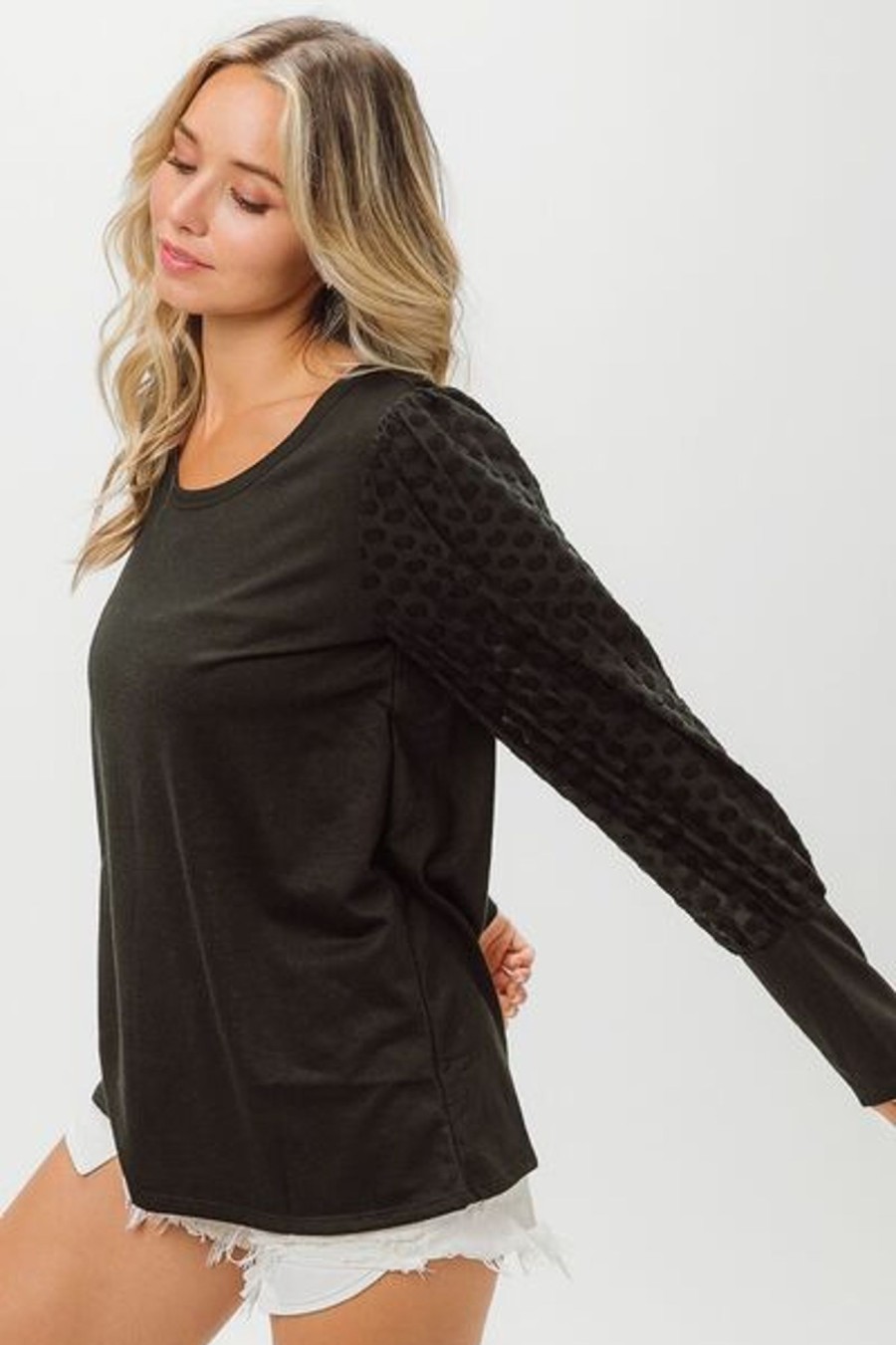 Clothing Trendsi | Bibi Round Neck Polka Dot Lantern Sleeve Top Black